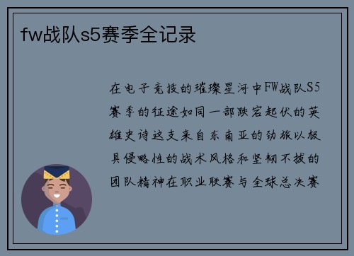 fw战队s5赛季全记录