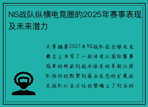 NS战队纵横电竞圈的2025年赛事表现及未来潜力
