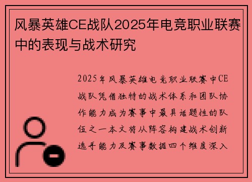 风暴英雄CE战队2025年电竞职业联赛中的表现与战术研究