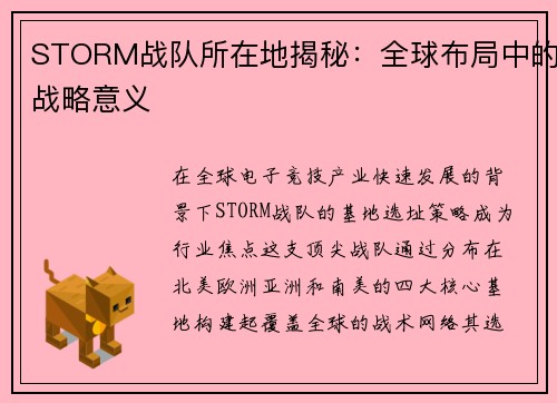 STORM战队所在地揭秘:全球布局中的战略意义