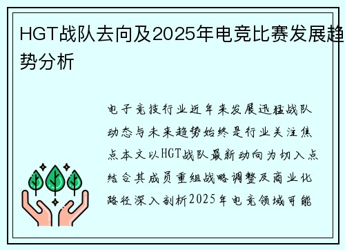 HGT战队去向及2025年电竞比赛发展趋势分析